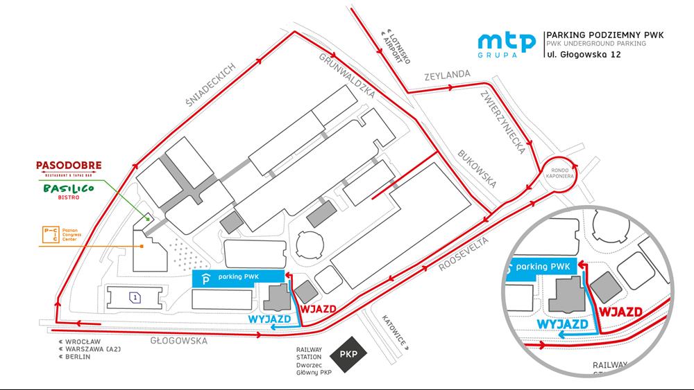 Mapa dojazdu do parkingu podziemnego PWK